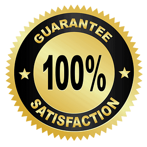 A circular badge saying 100 percent satisfaction guarantee