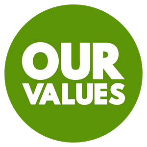 A circular green badge with large white text saying Our Values